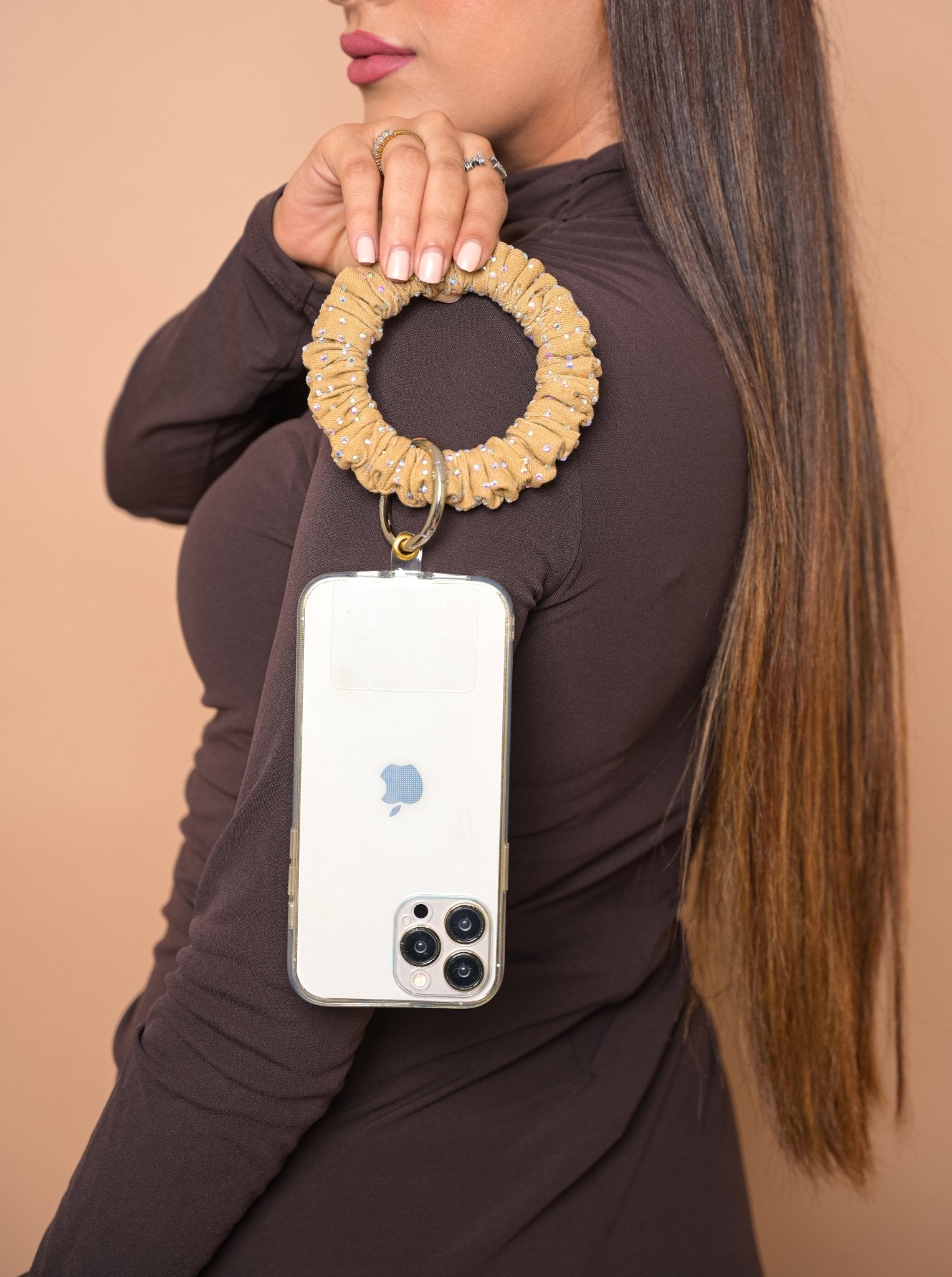 Beige Denim diamond studded scrunchie lanyard - HOUSE OF FAYE